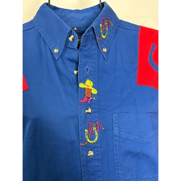 Vintage Handmade Blue Red Western‎ Cowboy Fringe Shirt Boots Horseshoe Button - Picture 3 of 7